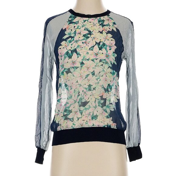 BCBGMAXAZRIA sheer, long-sleeved pullover blouse in blue/floral size M - Picture 1 of 8